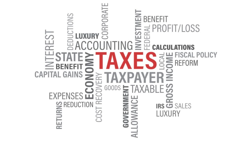 Taxes with various words associated with taxes and investments including -- IRS, Fiscal Policy, Profit/Loss, Benefit, Calculations, Interest, State, Capital Gains