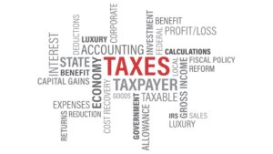 Taxes with various words associated with taxes and investments including -- IRS, Fiscal Policy, Profit/Loss, Benefit, Calculations, Interest, State, Capital Gains