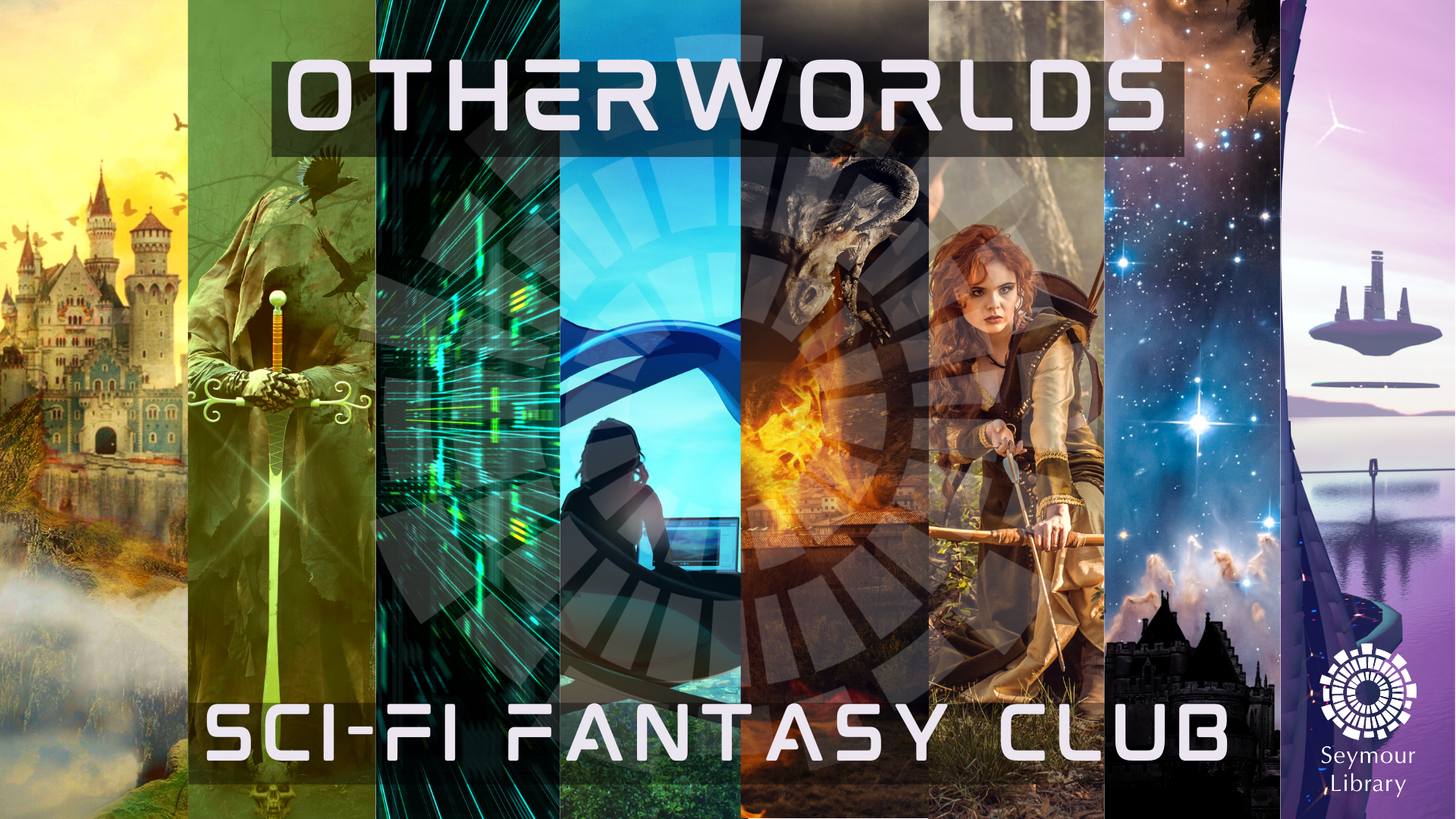 Otherworlds Sci-Fi Fantasy Club - graphic with several different scenes from slaying the dragon to futuristic landscapes