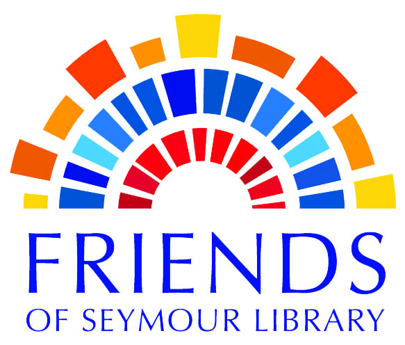 Friends of Seymour Library - stylized logo with half circle and primary colors - red, blue, and yellow