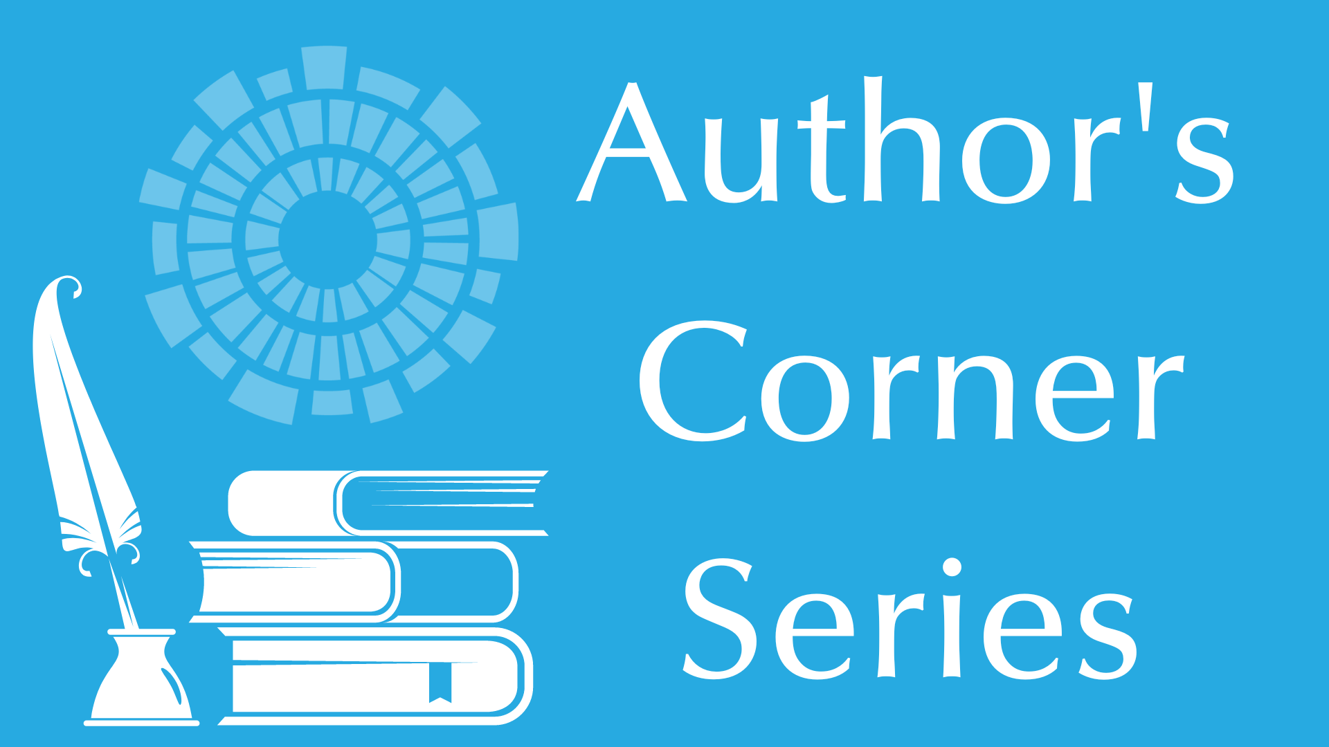 Author's Corner Series at Seymour Library -- stylized graphic of books and pen with a quill and library logo
