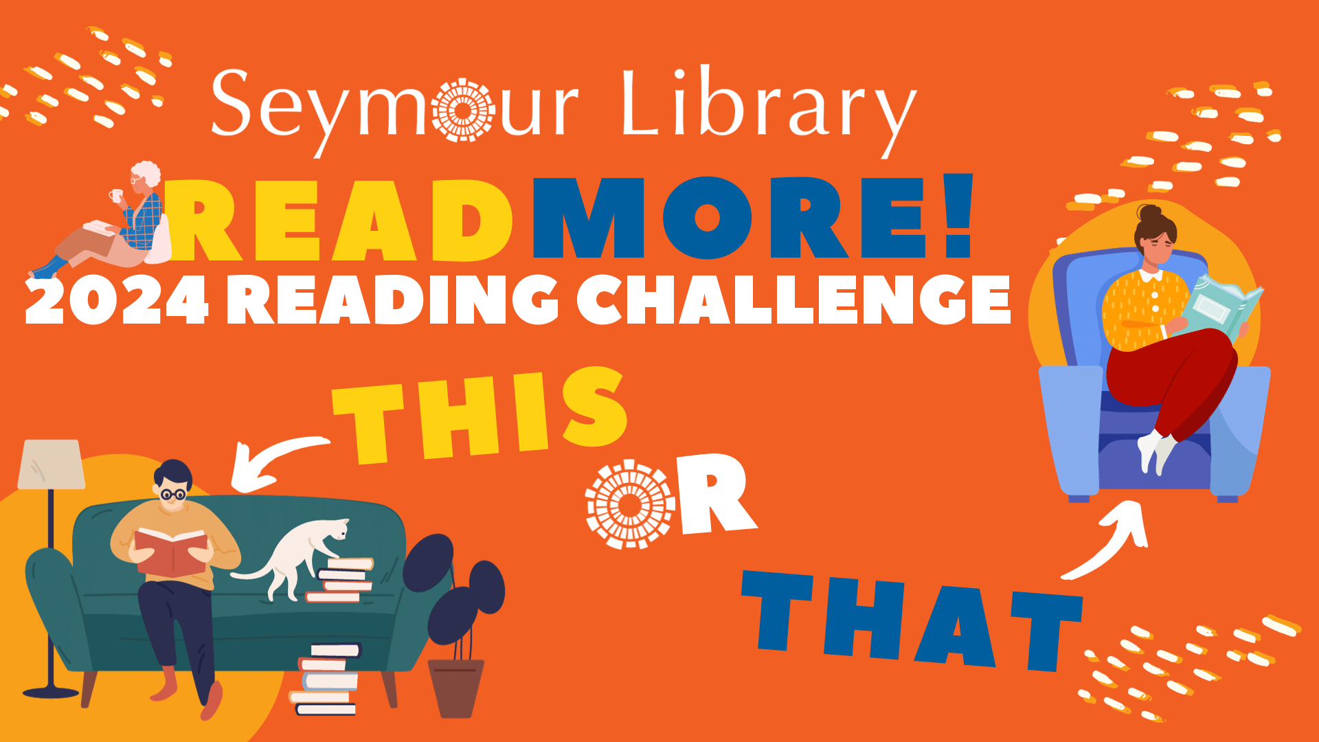 Read More 2024 Reading Challenge featuring grapic with stylized people reading books, and Seymour Library logo.
