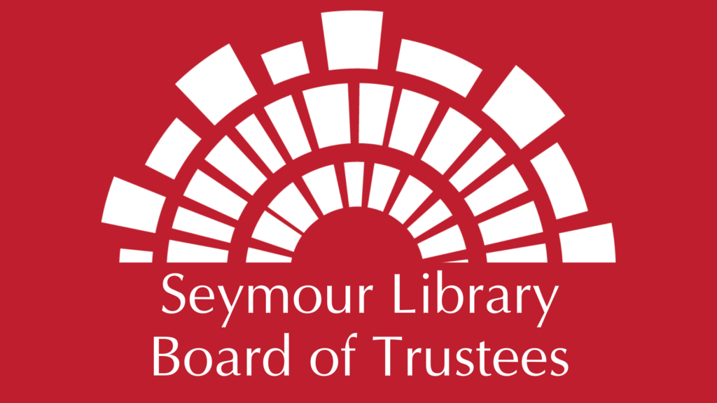 Seymour Library Board of Trustees - red graphic with text and logo