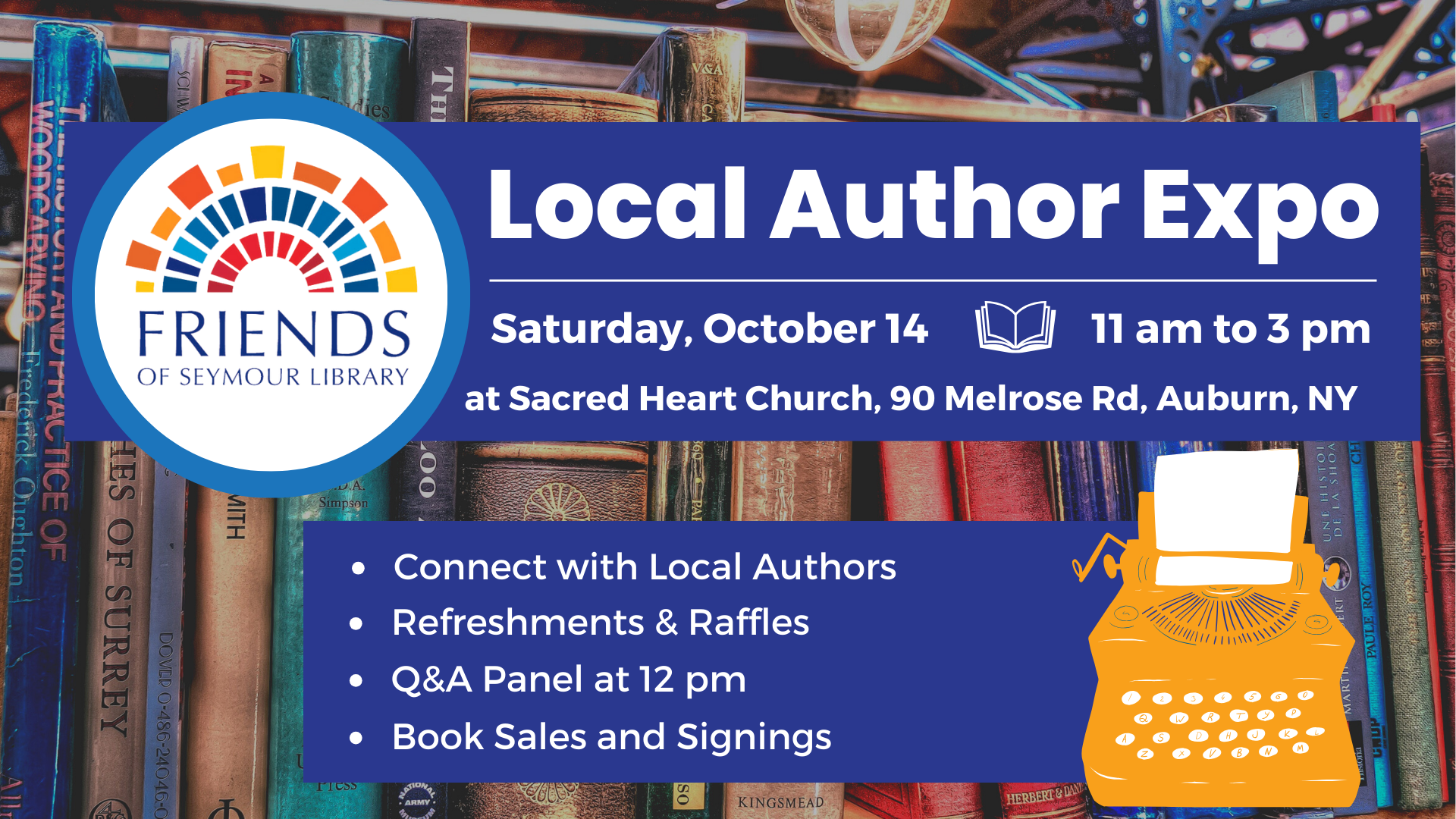 Local Author Expo - Saturday, October 14, 11 am to 3 pm - graphic with books, typewriter and Friends logo