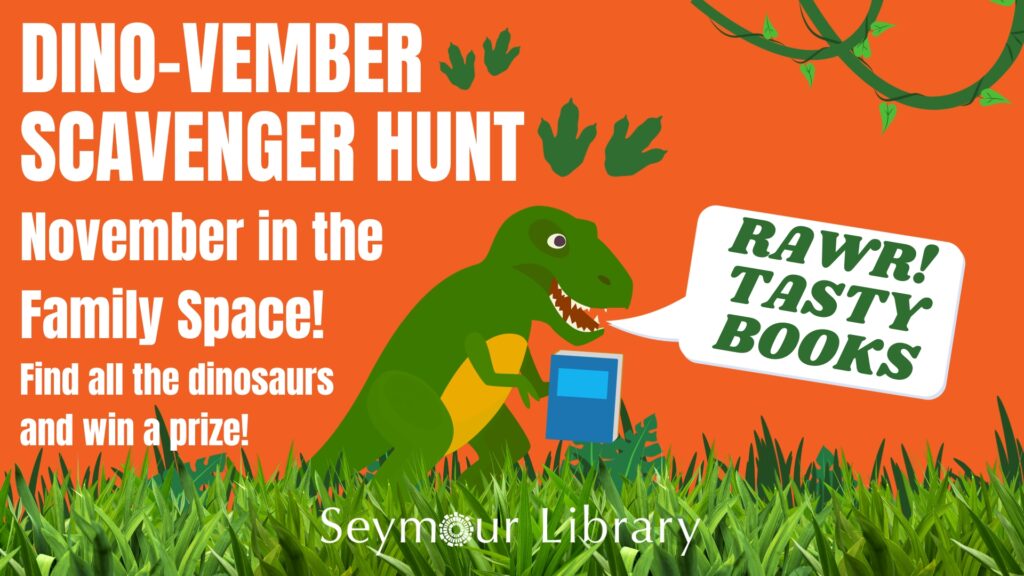 Dino Vember Scavenger Hunt - graphic with Dinosaur eating a book in the jungle.