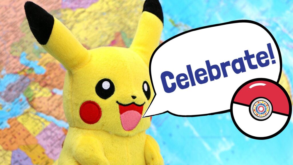 Celebrate National Pokemon Day - photo of stuffed pokemon with celebrate in a word bubble.