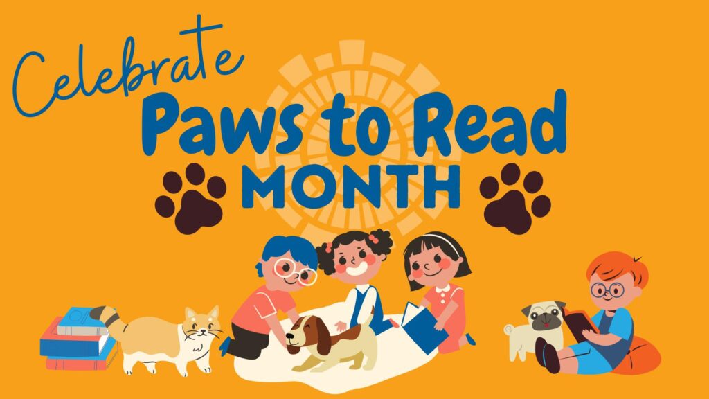 Celebrate Paws to Read Month at Seymour Library - graphic with children and a variety of pets and books.