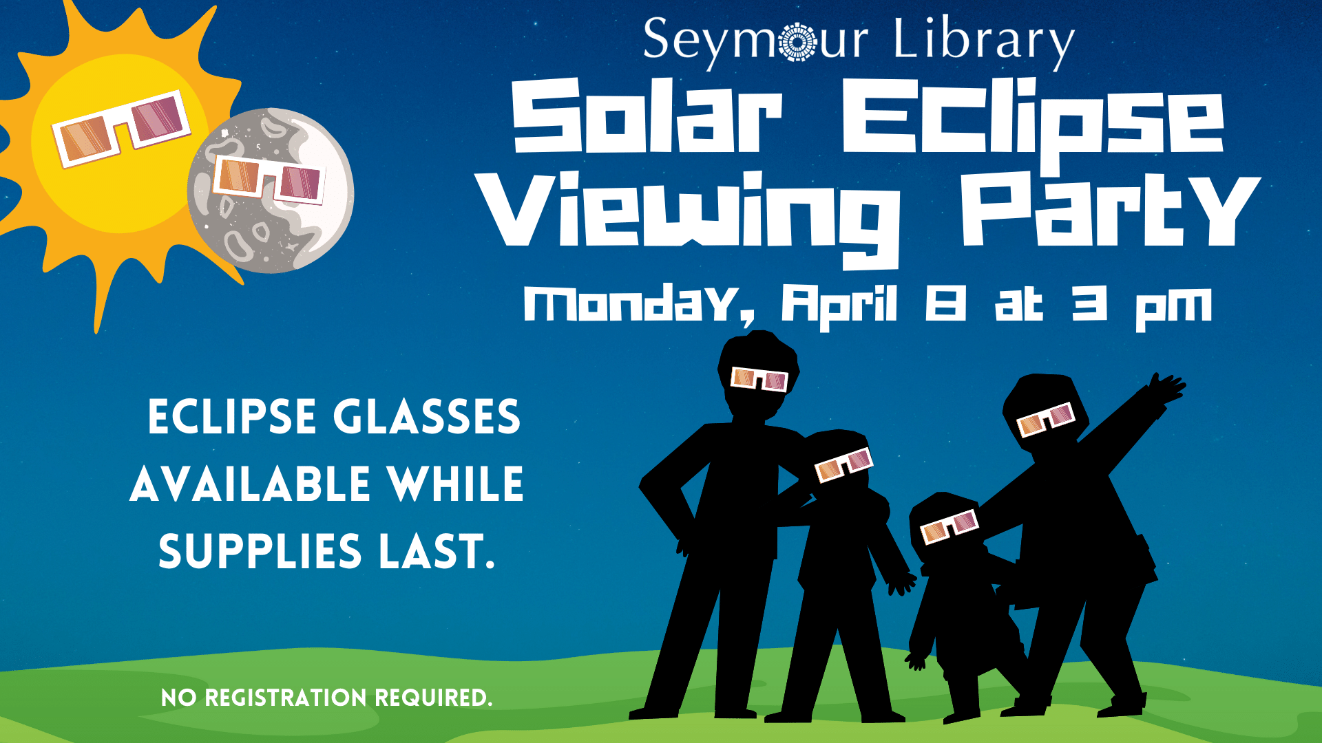 Solar Eclipse Viewing Party at Seymour Library -- graphic of sun and moon with family wearing eclipse glasses.