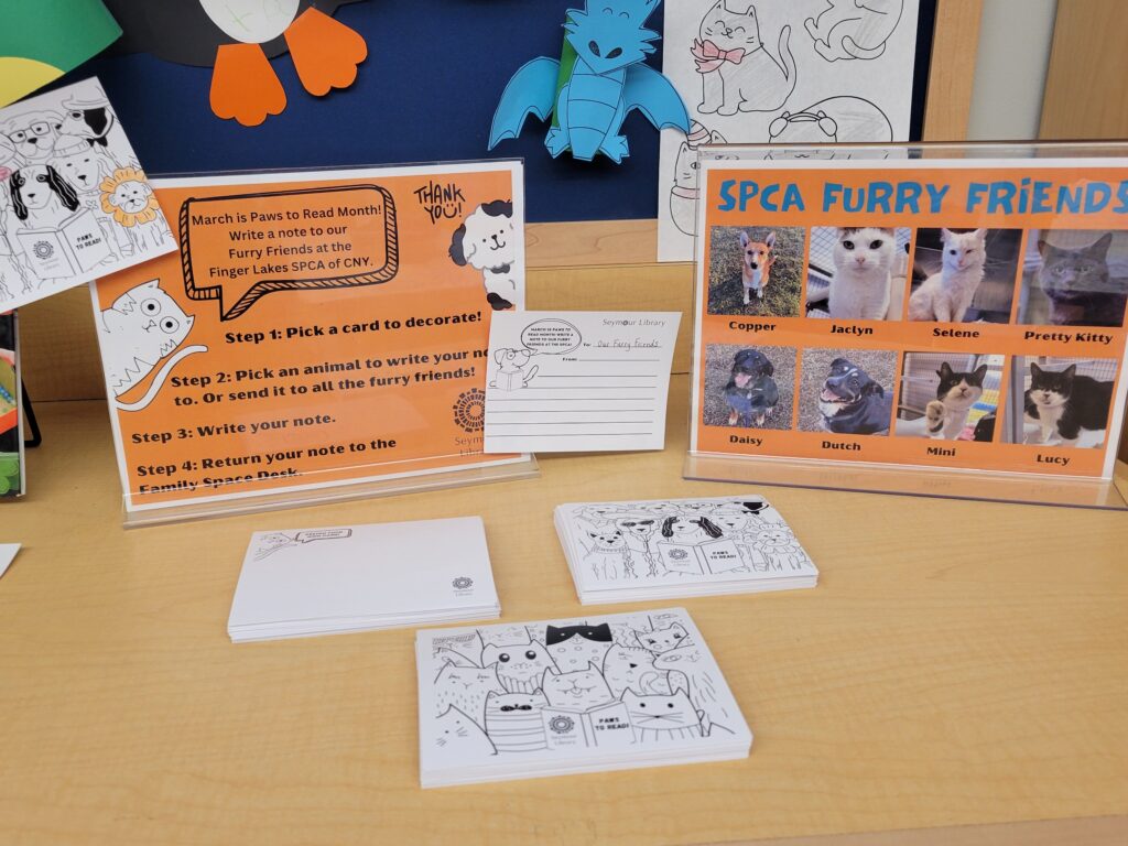 SPCA Furry Friends Card Making Station at Seymour Library. Image of comment cards that can be decorated by children and families.