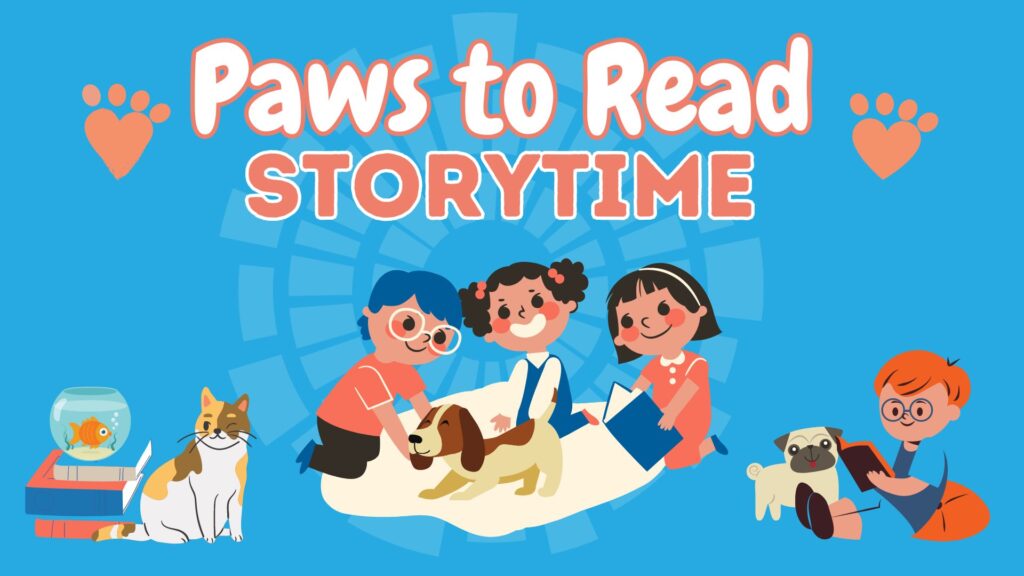 Paws to Read Stortytime - graphic with Seymour Library Logo in the background, stylized image of children with books and animals.
