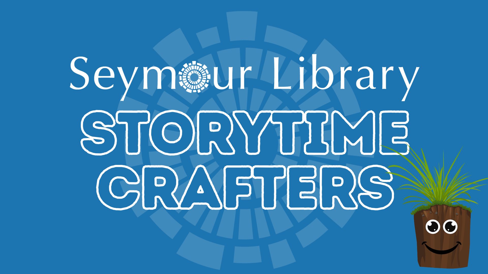 Seymour Library Storytime Crafters - logo and cartoon of grass buddy.