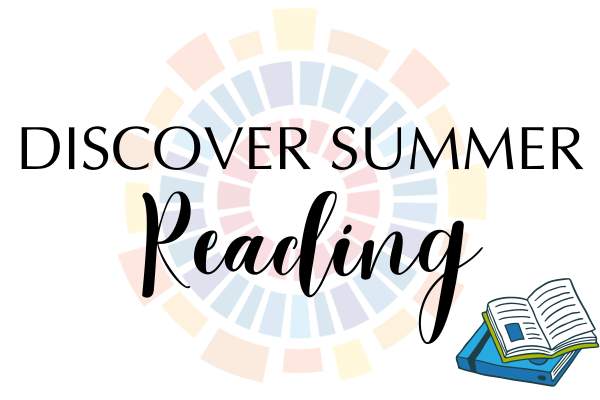 Discover Summer Reading - graphic with Seymour Library logo and stylized graphic of books.