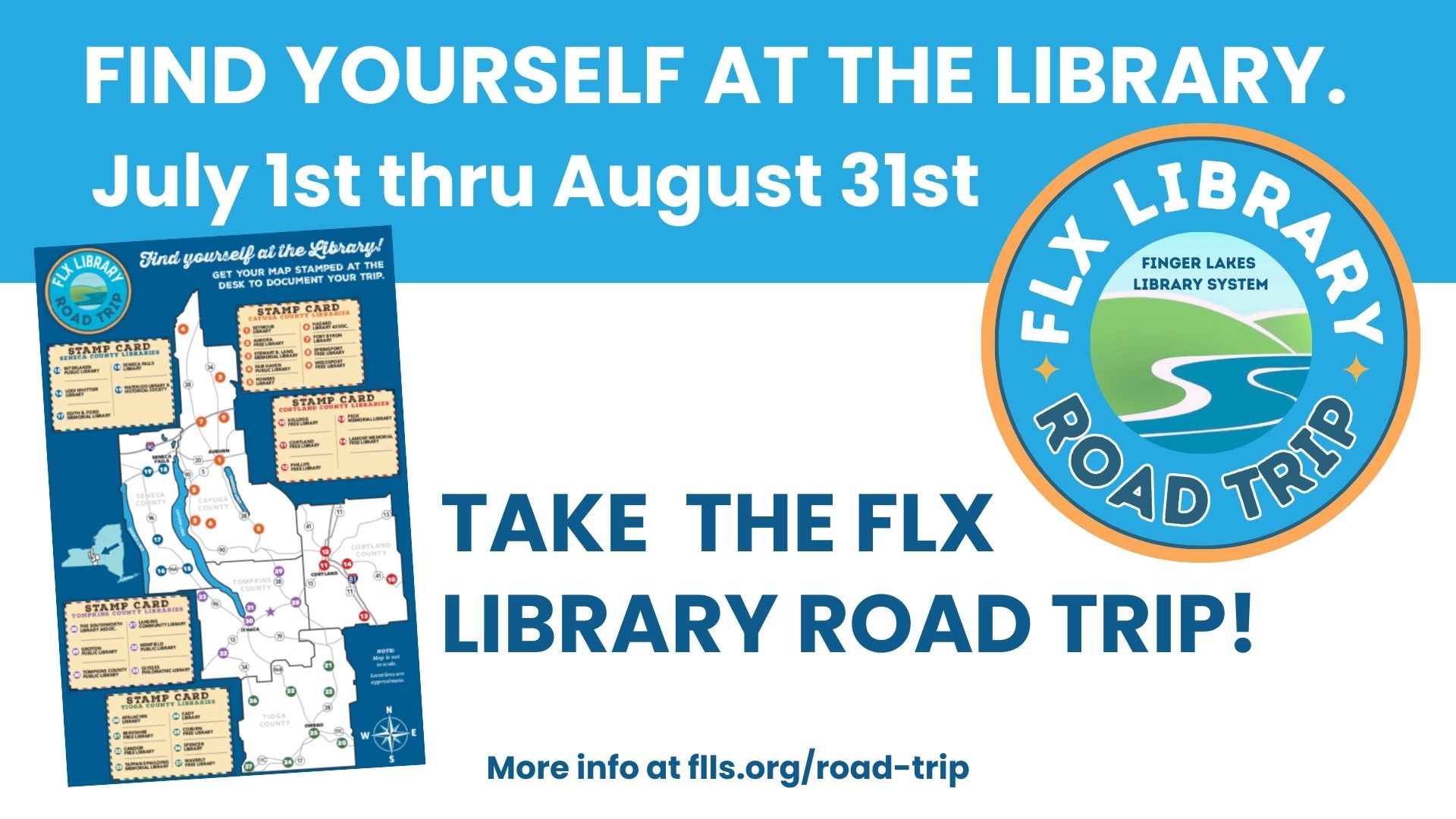 Find yourself at the library. July 1st thru August 31st. Take the FLX Library Road Trip! Graphic with FLX Library Road Trip loge and image of FLX Road Trip Map.