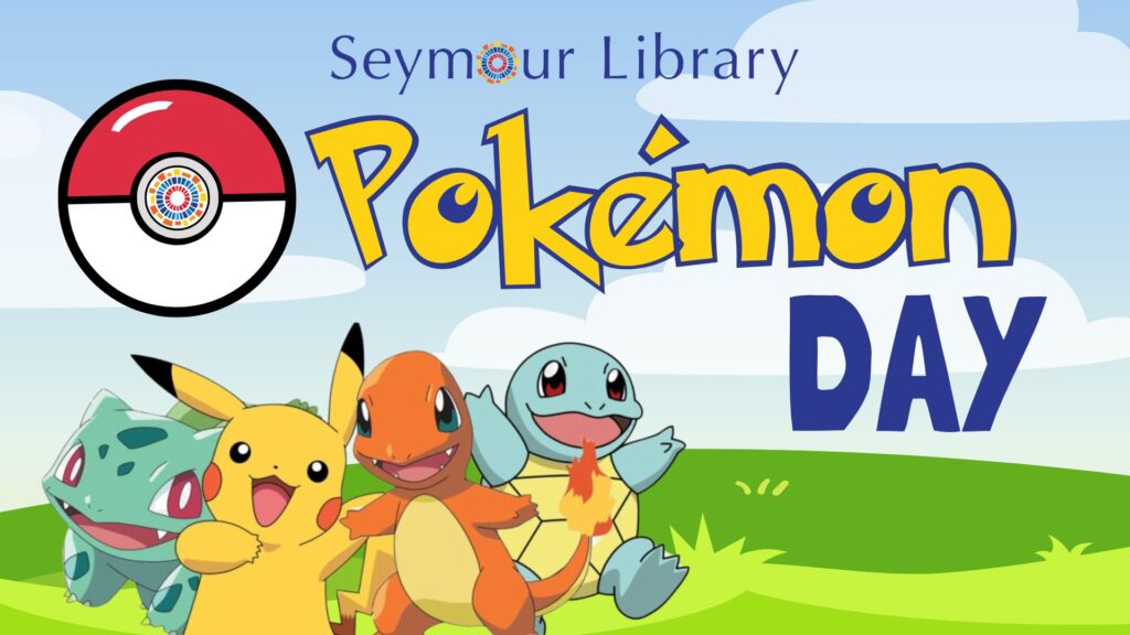 Pokemon Day -- graphic with Pokemon and a background with green grass and clouds in the sky.