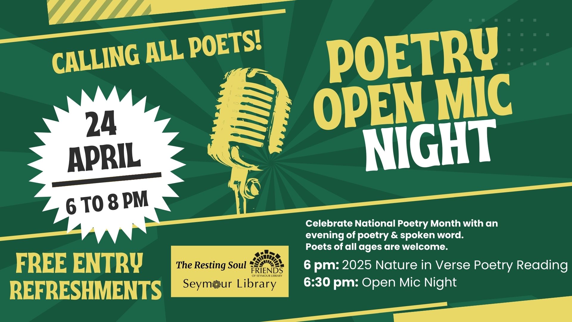 Poetry Open Mic Night at Seymour Library - graphic with green background with assorted geometric shapes, and a mic.